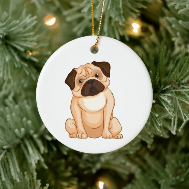 Grumpy Pug Cartoon Ceramic Ornament (Tree)