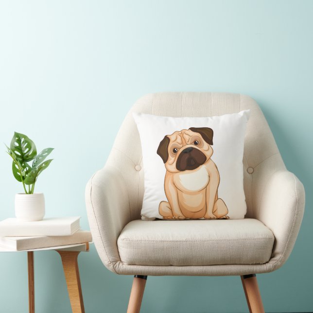 Grumpy Pug Cartoon Throw Pillow (Chair)
