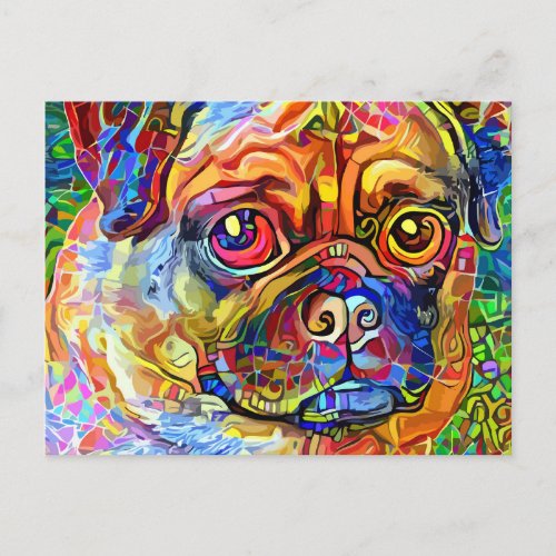 Grumpy Pug Dog Impressionist Pet Portrait  Postcard