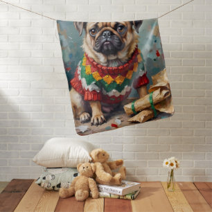 Grumpy Pug Dog in Elf Hat Funny Christmas Art Baby Blanket
