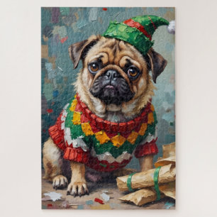 Grumpy Pug Dog in Elf Hat Funny Christmas Art Jigsaw Puzzle