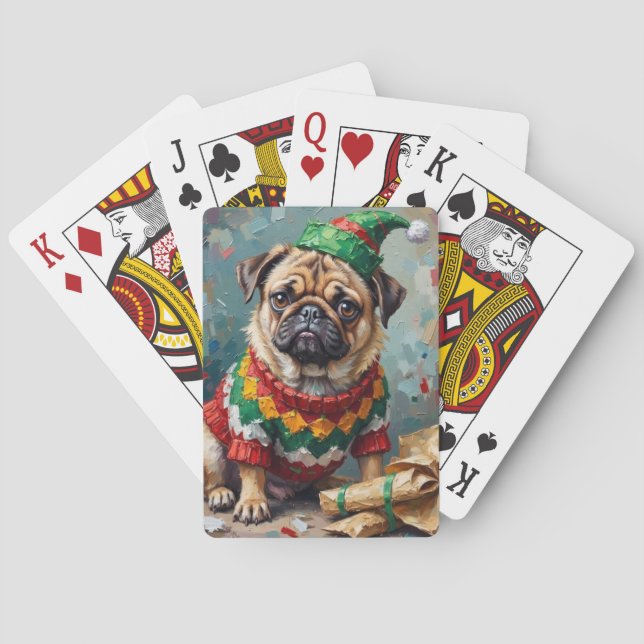 Grumpy Pug Dog in Elf Hat Funny Christmas Art Poker Cards (Back)