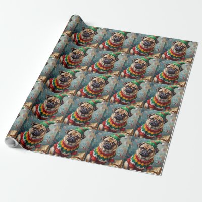 Grumpy Pug Dog in Elf Hat Funny Christmas Art Wrapping Paper