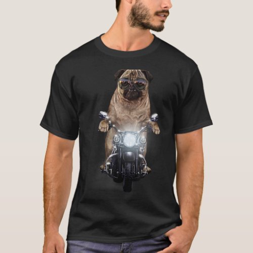 Grumpy Pug in Aviator Sunglass Riding Motorcycle D T_Shirt