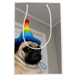 Grumpy Pug Wearing Rainbow Birthday Party Hat Medium Gift Bag