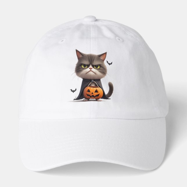 Grumpy Pumpkin Witch Cat Halloween Theme 🎃 Hat (Front)