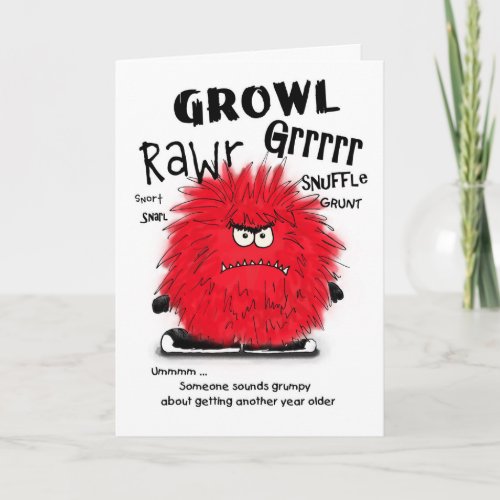 Grumpy Red Fuzzy Monster Birthday Card