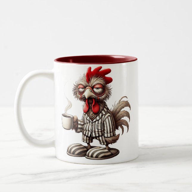 Grumpy Rooster Morning – Coffee First!  Two-Tone Coffee Mug (Left)
