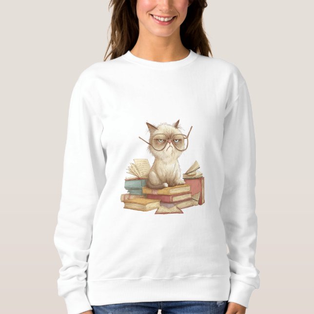 Grumpy Scholar Cat Among Books Sweatshirt (Front)
