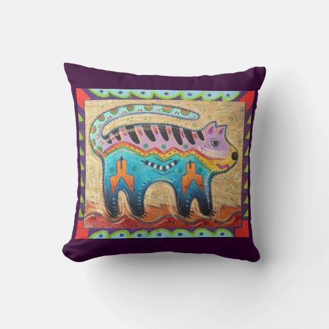 Grumpy Southwestern Folk Art Cat Throw Pillow (Front)