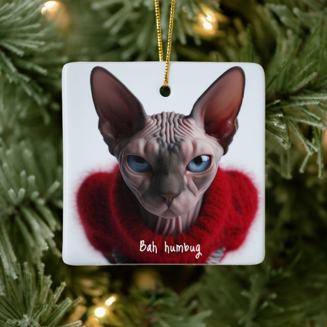 Grumpy Sphynx Cat Christmas Ceramic Ornament (Tree)