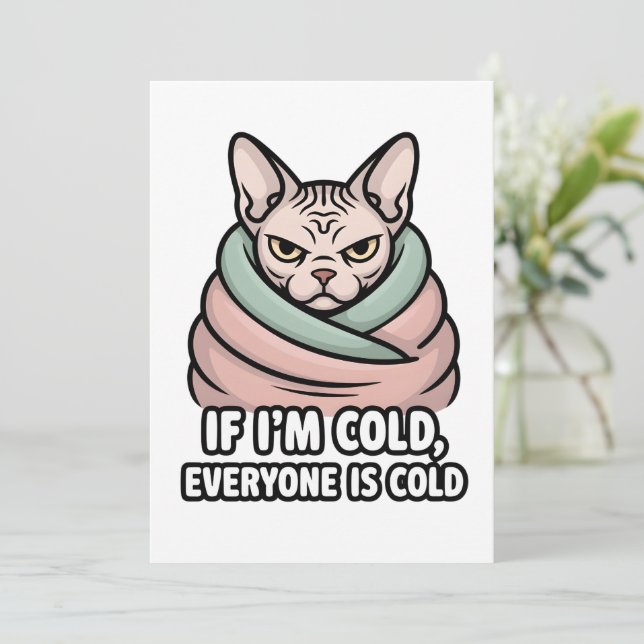 Grumpy Sphynx Cat Cold Humor Cartoon Art Holiday Card (Standing Front)