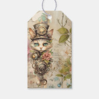 Grumpy Steampunk Cat Collage Vintage Paper Roses Gift Tags