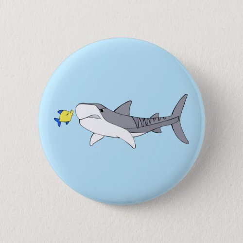 Grumpy tiger shark and cute yellow fish button