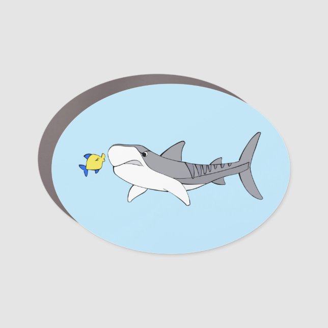 Grumpy tiger shark and cute yellow fish car magnet (Front)