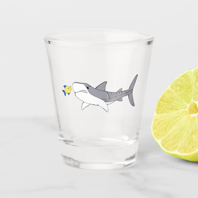 Grumpy tiger shark and cute yellow fish shot glass (Front)