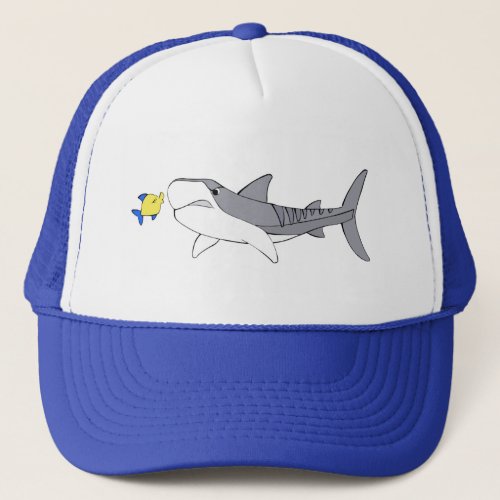 Grumpy tiger shark and cute yellow fish trucker hat