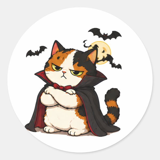Grumpy Vampire Cat Halloween  Classic Round Sticker (Front)