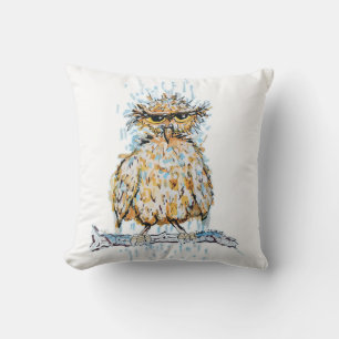 Grumpy Wet Owl Throw Pillow
