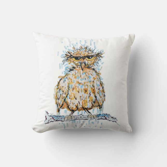 Grumpy Wet Owl Throw Pillow (Front)