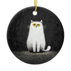 Grumpy White Cat – Funny Minimal Cat Art Ceramic Ornament