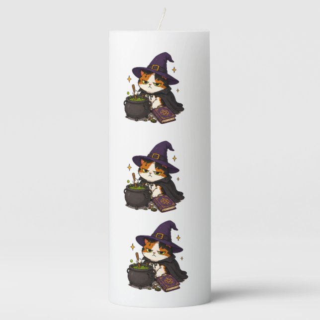 Grumpy Witch Cat Halloween  Pillar Candle (Front)