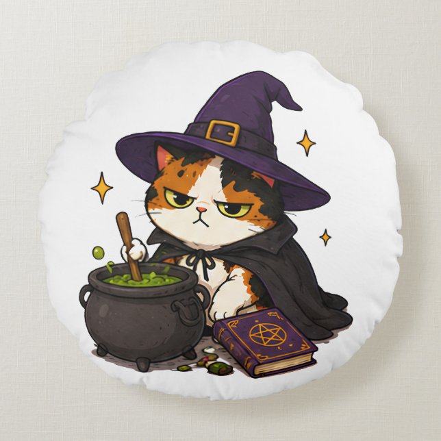 Grumpy Witch Cat Halloween  Round Pillow (Front)