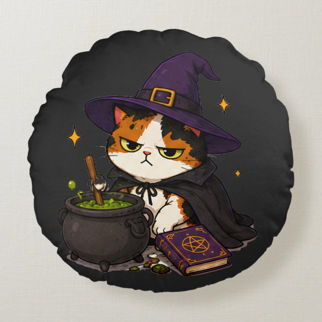 Grumpy Witch Cat Halloween  Round Pillow (Front)