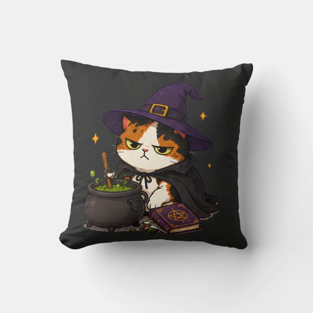 Grumpy Witch Cat Halloween  Throw Pillow (Front)