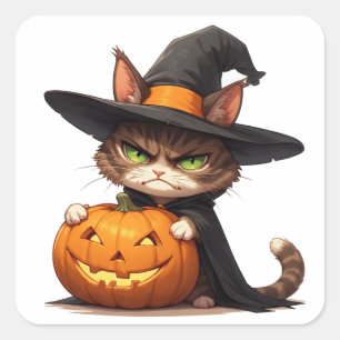 Grumpy Witch Cat With Pumpkin Halloween Fun 🎃 Square Sticker