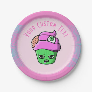 Grumpy Zombie Muffin Pink Brain Eyeball Halloween Paper Plates