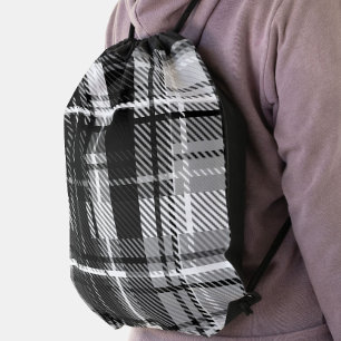 Grunde Black and White Flannel Plaid Tartan Drawstring Bag