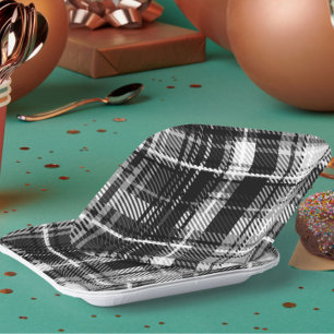 Grunde Black and White Flannel Plaid Tartan Paper Plates