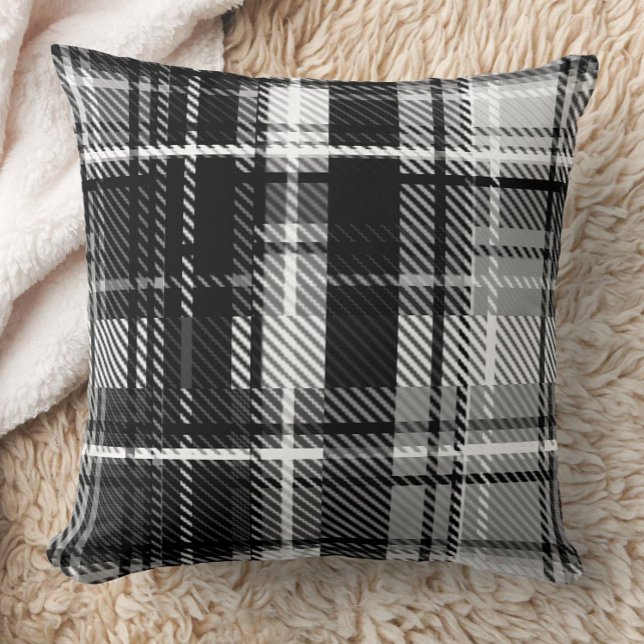 Grunde Black White Flannel Plaid Tartan Design  Throw Pillow (Creator Uploaded)