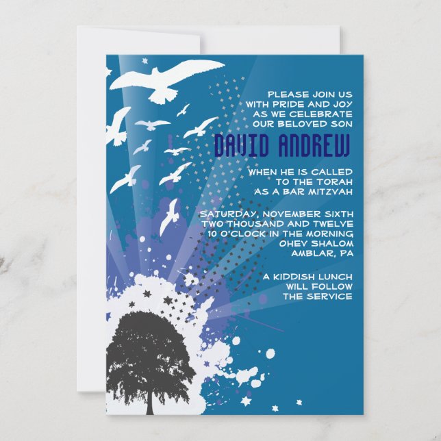 GRUNDGE TREE WITH BIRDS Bar Bat Mitzvah Invitation (Front)