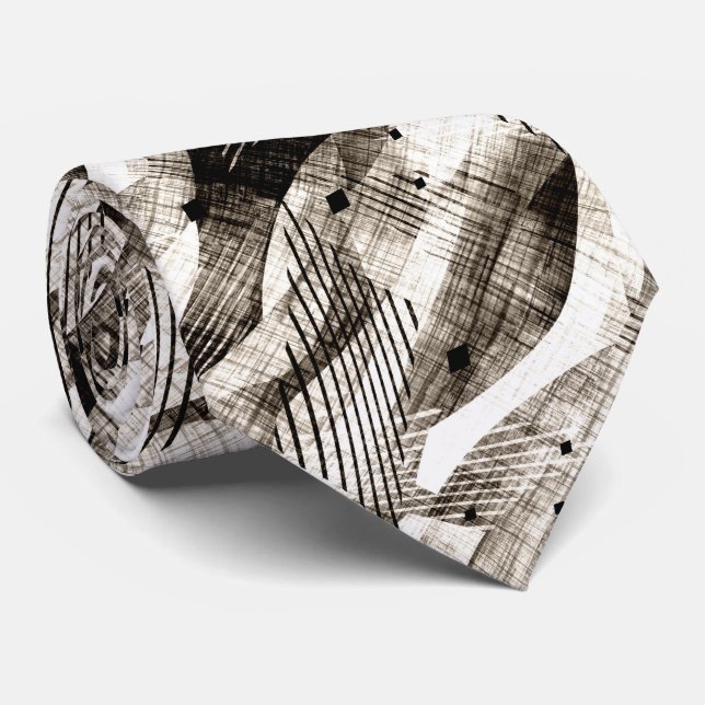 Grunge abstract geometric striped beige black neck tie (Rolled)