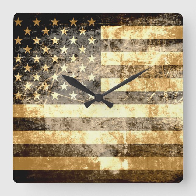 Grunge American flag 3 Square Wall Clock (Front)