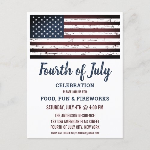 Grunge American Flag 4th Fourth of July Party Invitation Postcard - USA American Flag 4th of July Party Invitations. Invite friends and family to your patriotic fourth of July celebration with these modern American Flag invitations. Personalize this american flag invitation with your event, name, and party details.
See our collection for matching patriotic 4th of July gifts ,party favors, and supplies. COPYRIGHT © 2021 Judy Burrows, Black Dog Art - All Rights Reserved. Grunge American Flag 4th Fourth of July Party Invitation Postcard