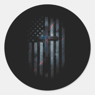 Grunge American Flag And Cross Faith Family Freedo Classic Round Sticker
