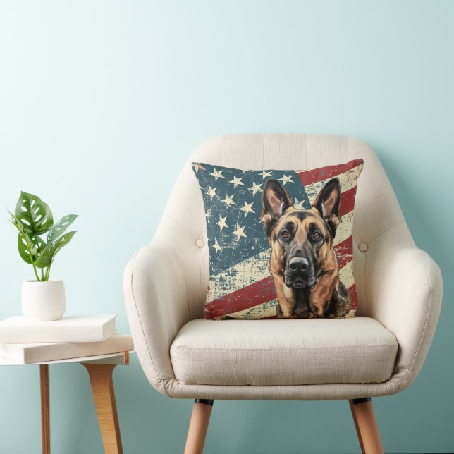 Grunge American Flag Belgian Malinois Dog Throw Pillow (Chair)