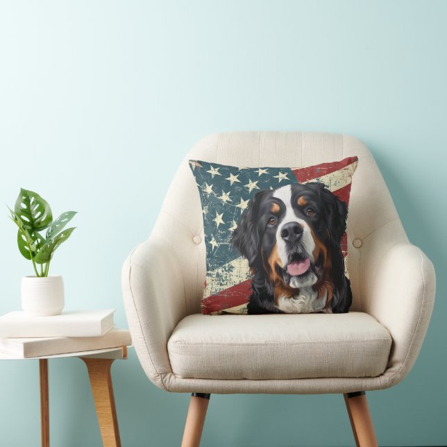 Grunge American Flag Bernese Mountain Dog Throw Pillow (Chair)