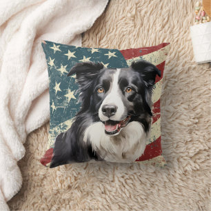 Grunge American Flag Border Collie Dog Throw Pillow