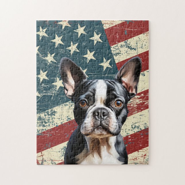 Grunge American Flag Boston Terrier Dog Jigsaw Puzzle (Vertical)