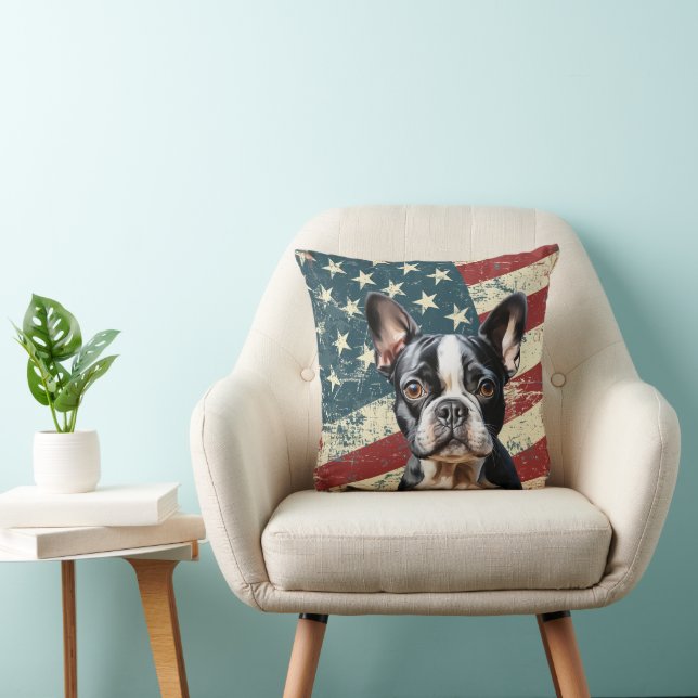 Grunge American Flag Boston Terrier Dog Throw Pillow (Chair)