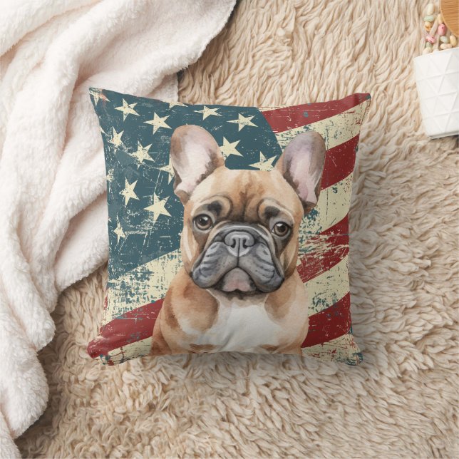Grunge American Flag Brown French Bulldog Throw Pillow (Blanket)