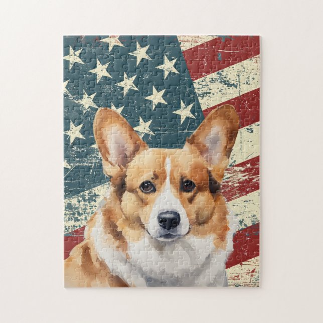 Grunge American Flag Corgi Dog Jigsaw Puzzle (Vertical)