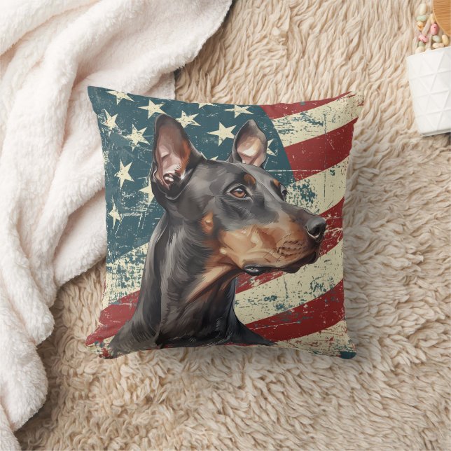 Grunge American Flag Doberman Pinscher Dog Throw Pillow (Blanket)