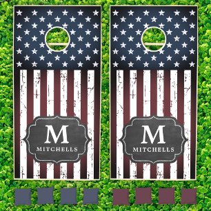 Grunge American Flag Family Monogram 4th Of July Cornhole Set