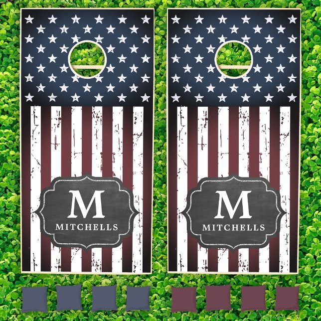 Grunge American Flag Family Monogram 4th Of July Cornhole Set (Creator Uploaded)