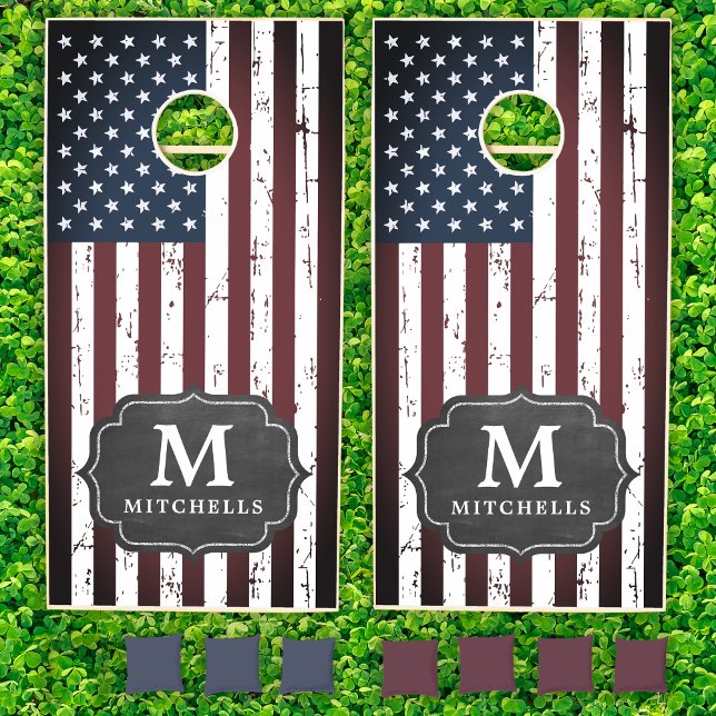 Grunge American Flag Family Monogram Patriotic Cornhole Set (Creator Uploaded)